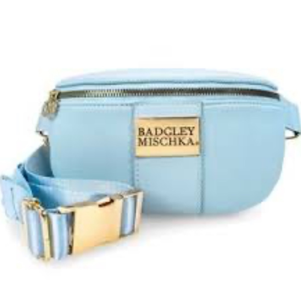 Badgley Mischka Sky Blue Belt Bag with Gold Accents